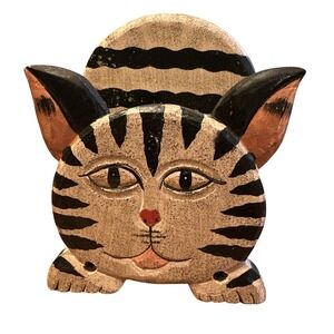 Wood Napkin Holder Tan Folk Art Cat Hand Painted Striped
